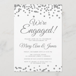 Invitación ¡Estamos comprometidos!Purpurina plateado Confetti