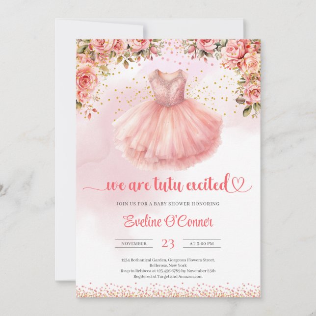 Invitación Estamos emocionados bailarina vestido rosa y dorad (Anverso)