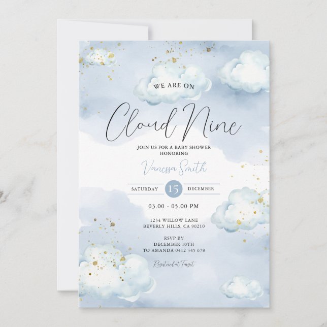 Invitación Estamos En Cloud Nueve Blue Baby Shower Gold Purpu (Anverso)