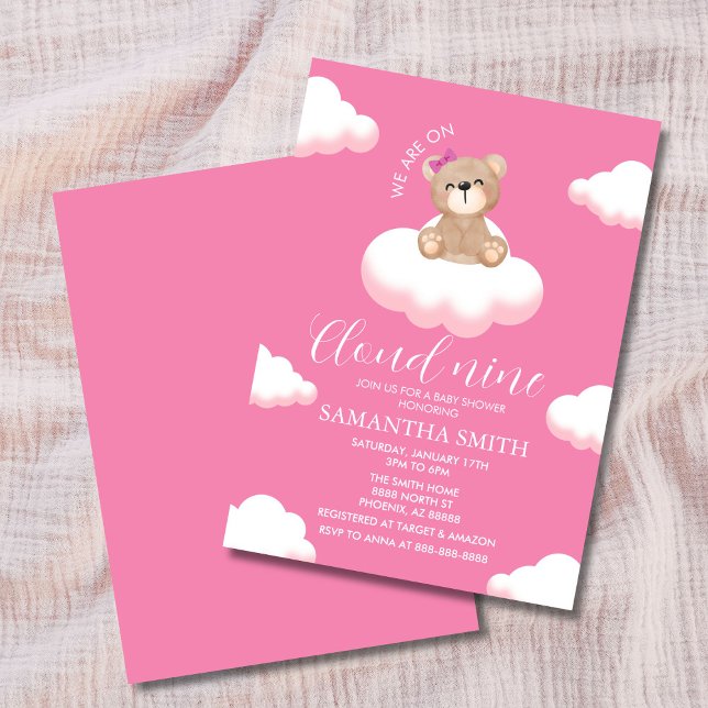 Invitación Estamos en Cloud Nueve Chicas Rosa Bear Baby Showe (Minimalist pink baby shower invitation with smiling teddy bear sitting on fluffy white clouds)