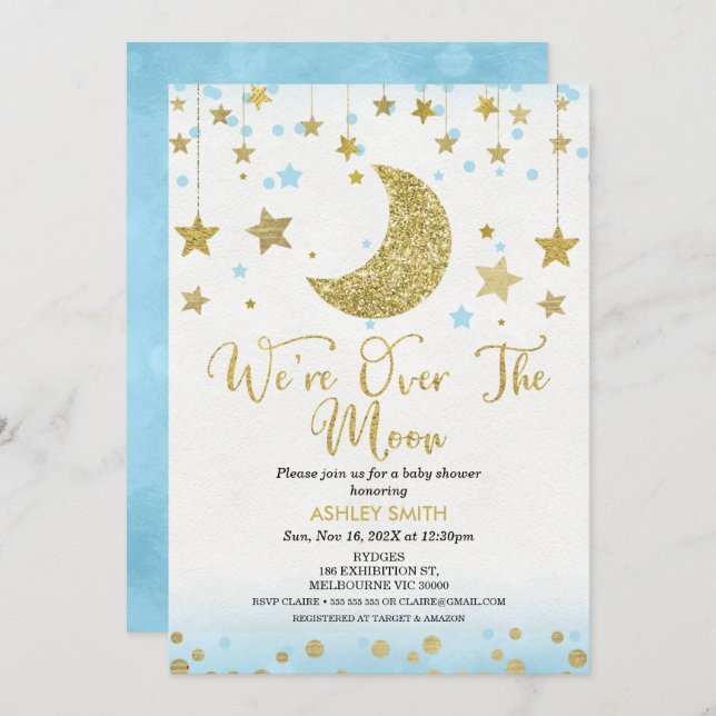 Invitación Estamos en el Baby Shower de los chicos de la luna (Anverso / Reverso)