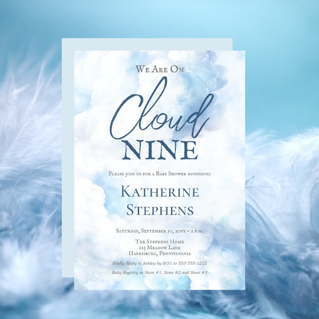 Invitación Estamos En El Nueve Baby Shower De Blue Boy ("We Are On Cloud Nine" Blue Watercolor Boy Baby Shower Invitation)