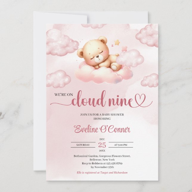 Invitación Estamos en el oso de peluche rosa de nueve acuarel (Anverso)