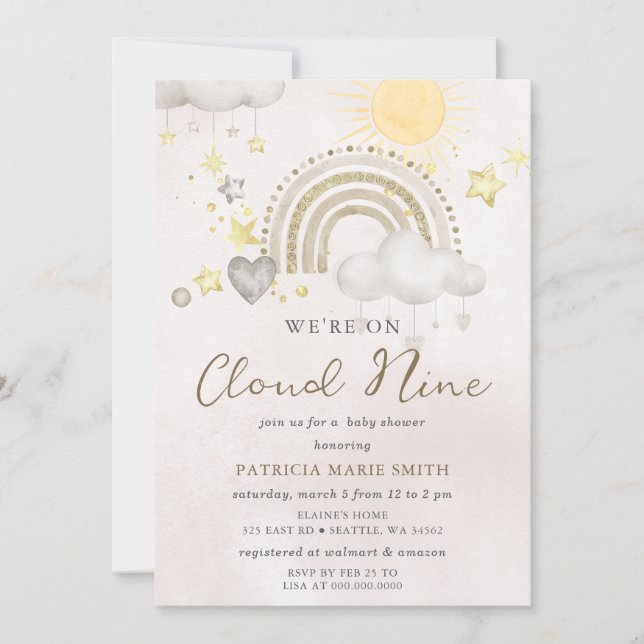 Invitación Estamos en el Séptimo Cielo Fiesta de Bebé sin Gén (Anverso)