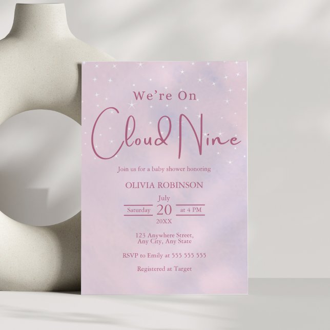 Invitación Estamos en la nube 9 Dreamy Pink Baby Shower (We're On Cloud 9 Dreamy Pink Girl Baby Shower Invitation     )