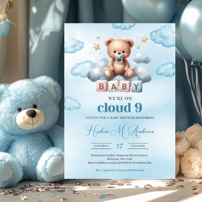 Invitación Estamos en la nube de un oso de peluche marrón de  (cloud nine cute teddy bear boy baby shower invitation digital)