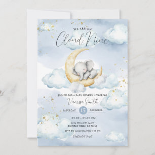 Invitación Estamos en la nube nueve Elefante Azul Baby Shower