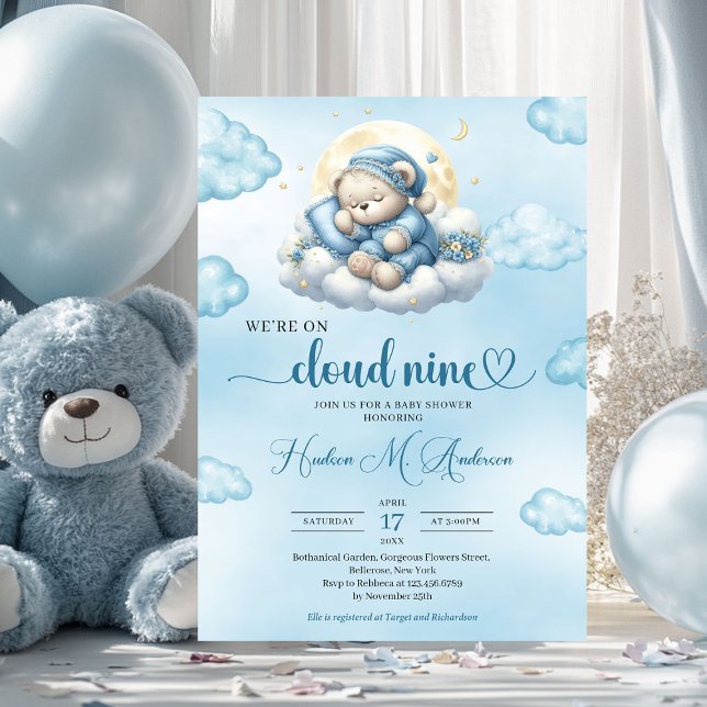 Invitación Estamos en la nube nueve osito de peluche lindo du (we are on cloud nine sleeping teddy bear boy baby shower invitation)