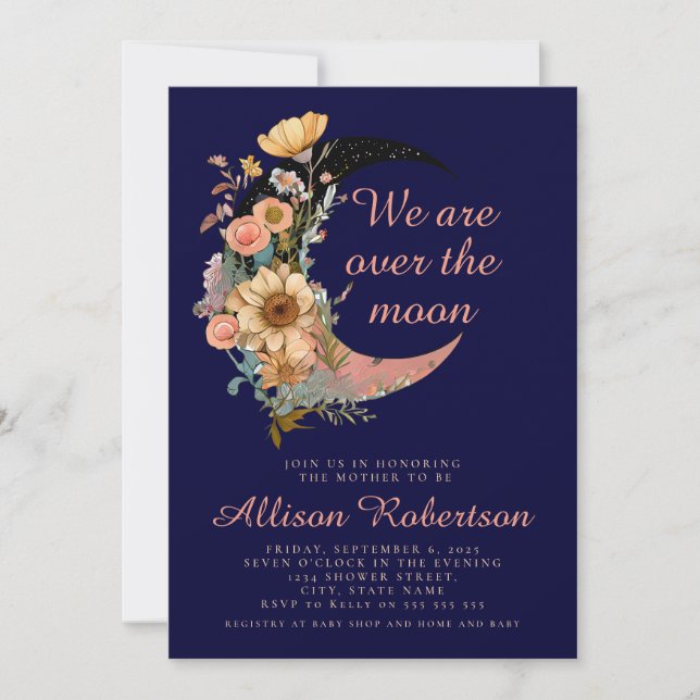 Invitación Estamos sobre la Luna Azul Floral Niña Baby Shower (Anverso)