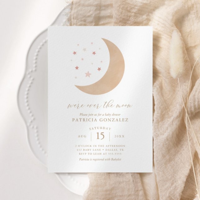 Invitación Estamos sobre la luna Chica de oro rosa Baby Showe (Subido por el creador)