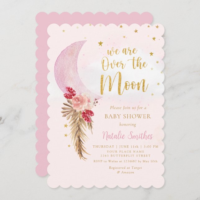 Invitación Estamos sobre la luna Chica rosado Baby Shower (Anverso / Reverso)