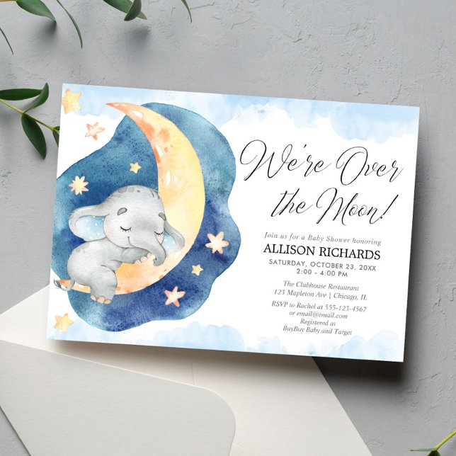 Invitación Estamos sobre la luna elefante azul niño ducha beb (Subido por el creador)