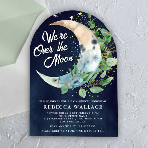Invitación Estamos Sobre La Luna Eucalipto Azul Marino Baby S