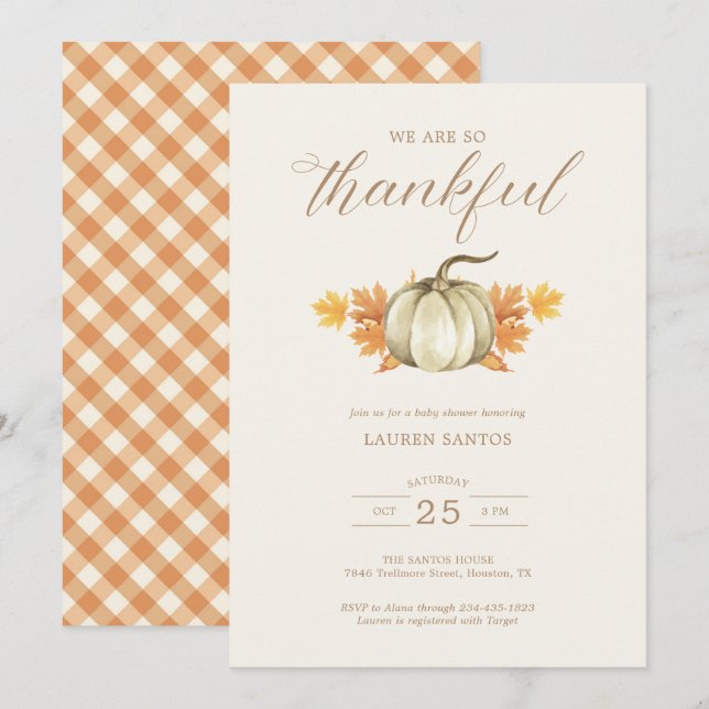 Invitación Estamos Tan Agradecidos - Otoño Cae Baby Shower | (Anverso / Reverso)
