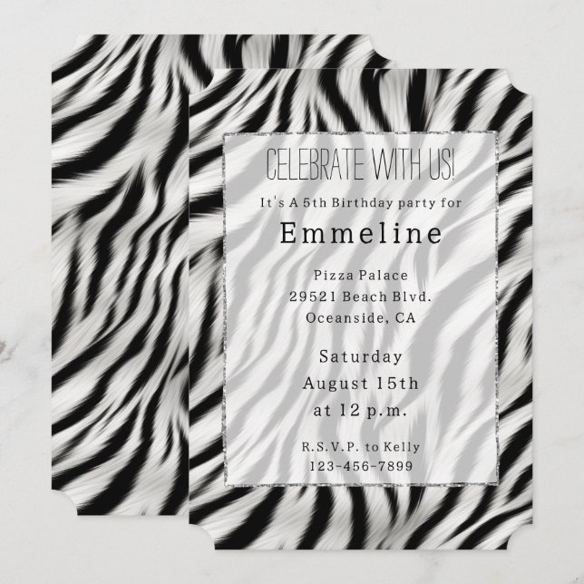 Invitación Estampado animal de cebra en blanco y negro (Anverso / Reverso)