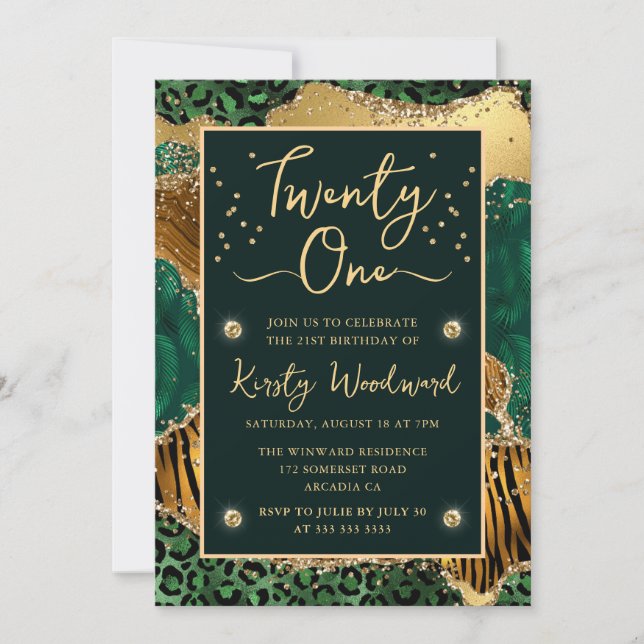 Invitación Estampado Animal de Jungla Verde Ágata Cumpleaños  (Anverso)