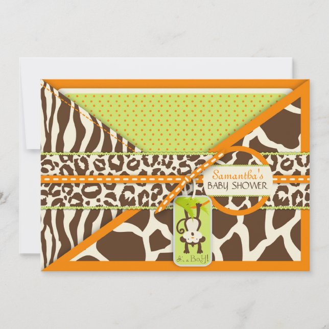 Invitación Estampado de animales Baby Shower del mono y del (Anverso)