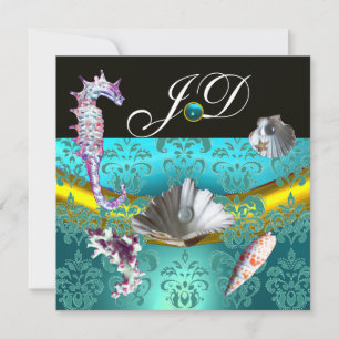 INVITACIÓN ESTAMPADO DE BODAS DE AQUAMARINA AZUL MONOGRAMA