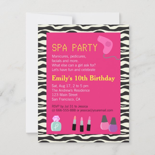 Invitación Estampado de cebra, Fiesta de Spa, Para niñas (Anverso)