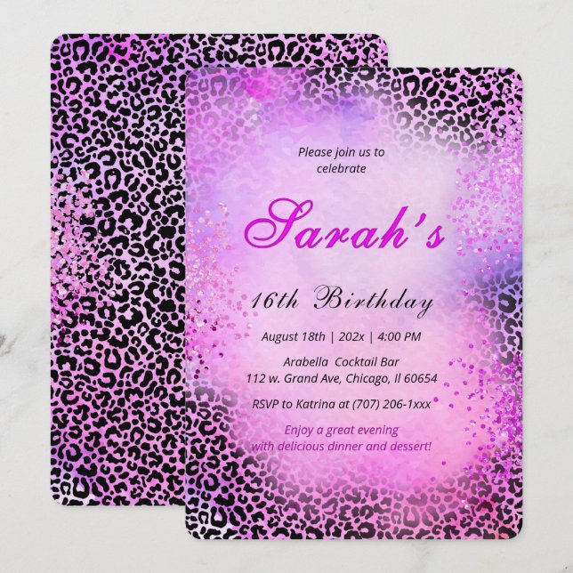Invitación Estampado de Leopardo Dulces 16 Brillo Rosa (Anverso / Reverso)