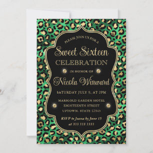 Invitación Estampado de leopardo Glam dorado verde negro Dulc