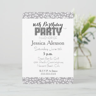 Invitación Estampado de leopardo gris blanco Cumpleaños 16