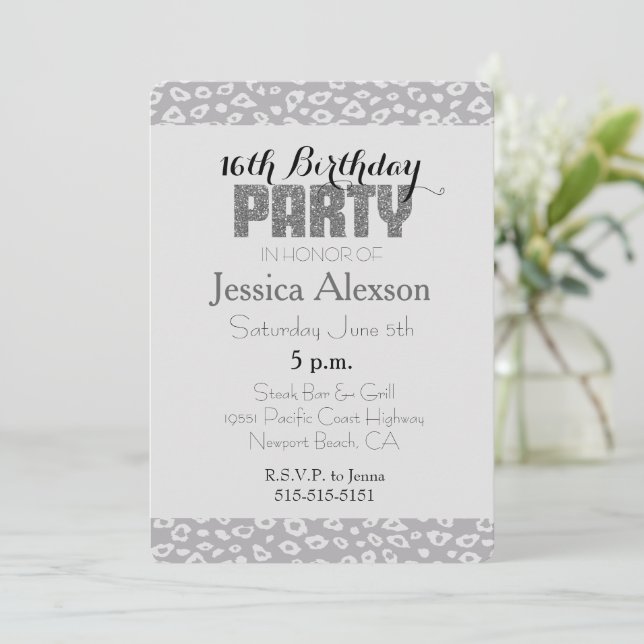 Invitación Estampado de leopardo gris Cumpleaños 16 (Anverso de pie)