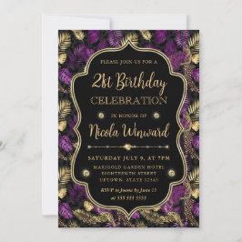 Invitación Estampado de leopardo púrpura y dorado tropical Cu