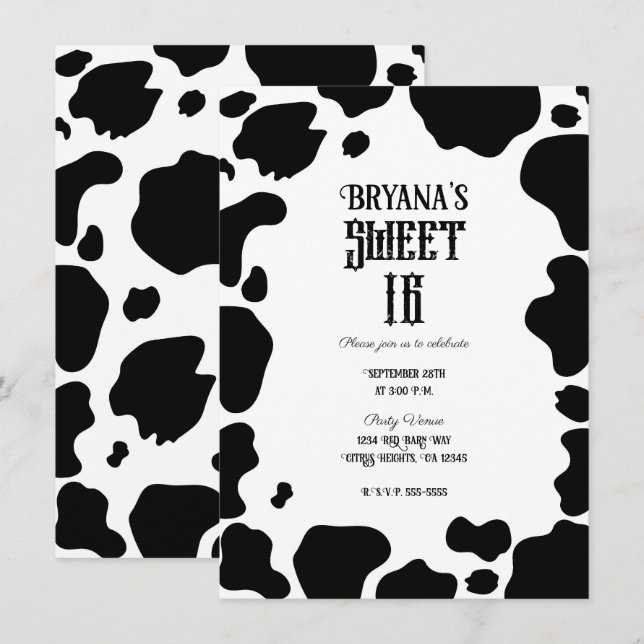 Invitación Estampado de manchas de vaca Moo negro y blanco rú (Anverso / Reverso)