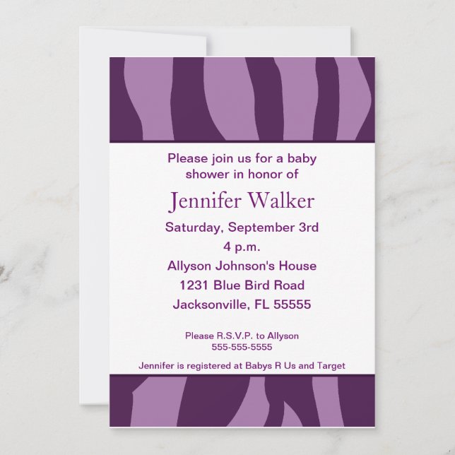Invitación Estampado de zebra Baby Shower - púrpura (Anverso)
