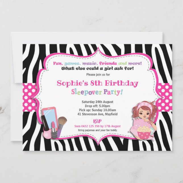 Invitación Estampado de zebra de los chicas del cumpleaños de (Anverso)