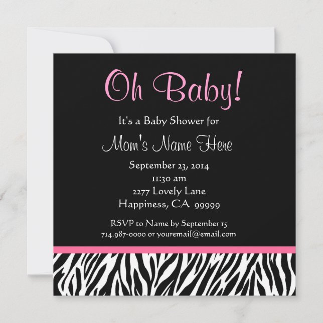 Invitación Estampado de zebra rosado blanco negro Baby Shower (Anverso)