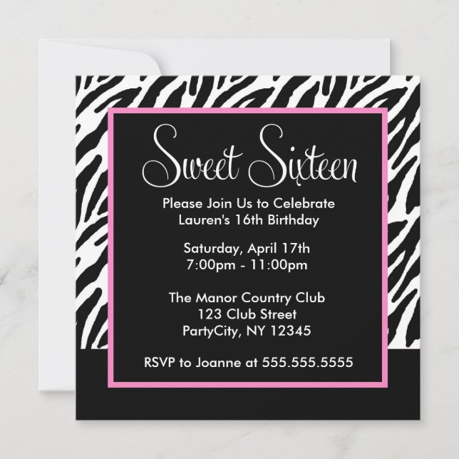 Invitación Estampado de zebra rosado y negro descarado (Anverso)