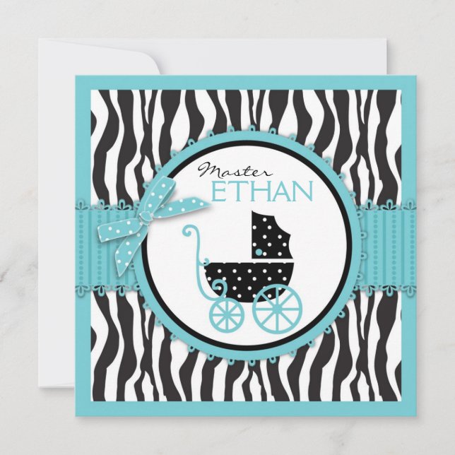 Invitación Estampado de zebra y carro de bebé Baby Shower (Anverso)