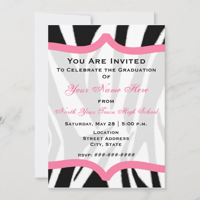 Invitación Estampado de zebra y clase rosada de la graduación (Anverso)