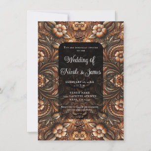 Invitación Estampado Floral Vintage Cuero Falso Aspecto Boda