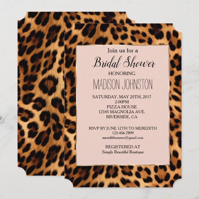 Invitación Estampado Leopardo Rosa Beige Chic Dorado Glam (Anverso / Reverso)