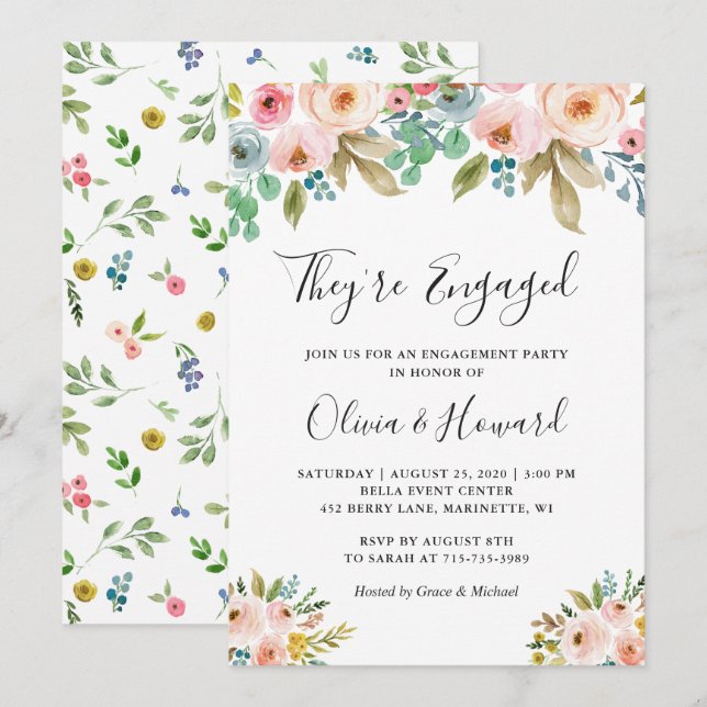 Invitación Están comprometidos Fiesta de compromiso floral (Anverso / Reverso)