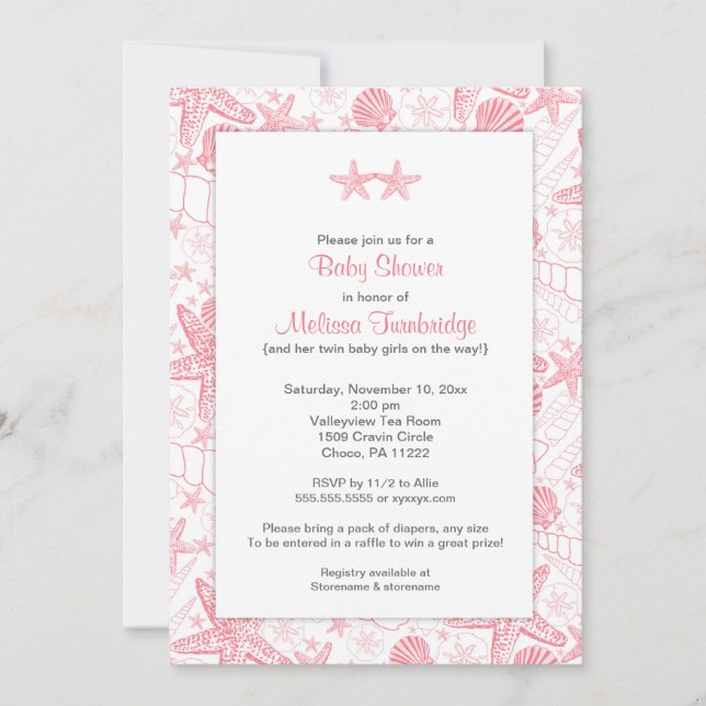 Invitación Estanques de mar rosado Starfish chicas gemelos ba (Anverso)
