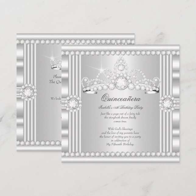 Invitación Estante blanco plateado Quinceanera Tiara (Anverso / Reverso)