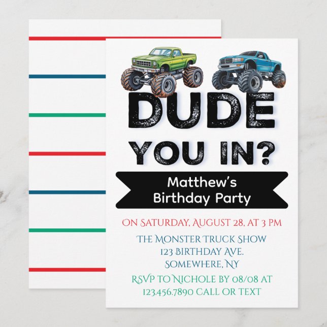 Invitación ¿Estás Amigo? Black Text Truck Boy Birthday Party (Anverso / Reverso)