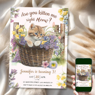 Invitación ¿Estás Gatito Floral Rosa 3 cumpleaños?