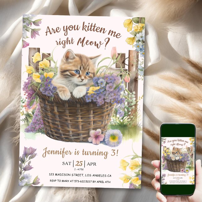 Invitación ¿Estás Gatito Floral Rosa 3 cumpleaños? (Subido por el creador)