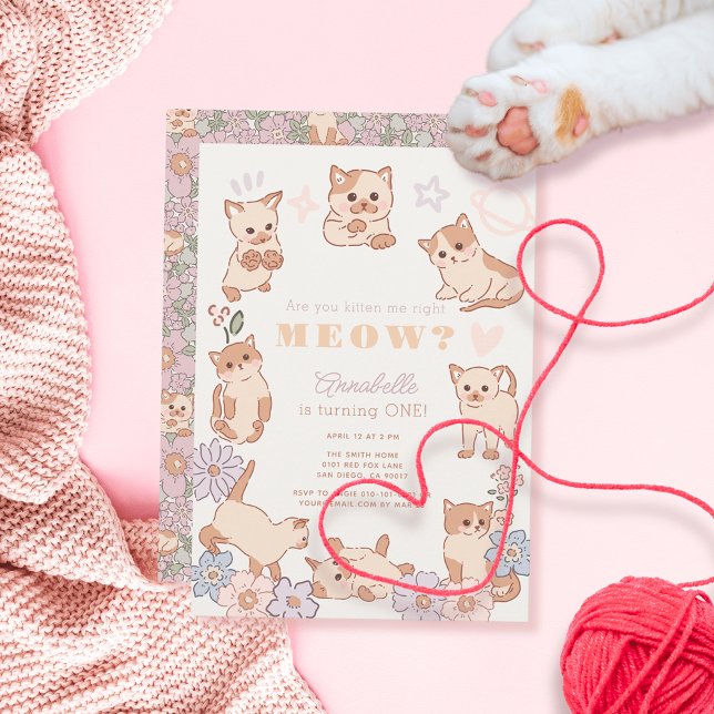 Invitación ¿Estás Gatito Me Correcto Meow Floral Primer Cumpl (Subido por el creador)