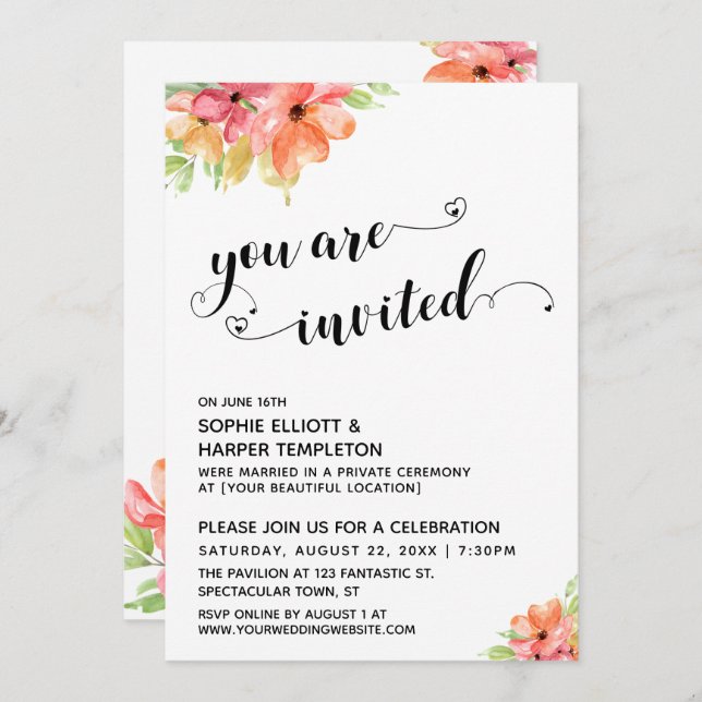 Invitación Estás Invitado A Corazones Script Boho Florals (Anverso / Reverso)