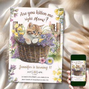 Invitación ¿Estás Kitten Me Floral Gato Rosa Primer Cumpleaño
