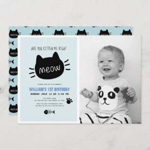 Invitación ¿Estás Kitten Me Right Meow Blue BIrthday Photo?
