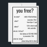 Invitación ¿Estás libre? Funny Personalizado Minimalista de c<br><div class="desc">¿Estás libre? Graciosa invitación simple de Personalizado Minimalista de cumpleaños</div>