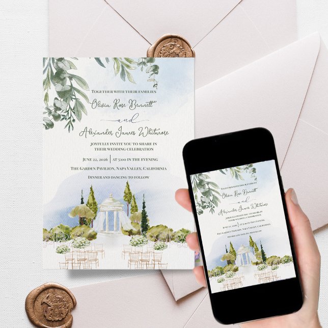 Invitación Estate Garden Pavilion Outdoor Ceremony Wedding (Estate Garden Pavilion Wedding Invitation | Watercolor Outdoor Ceremony Venue Invite)