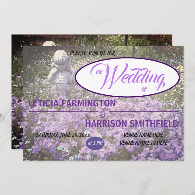 Invitación Estatua chica con azul violeta phlox olvidame-nots (Anverso / Reverso)